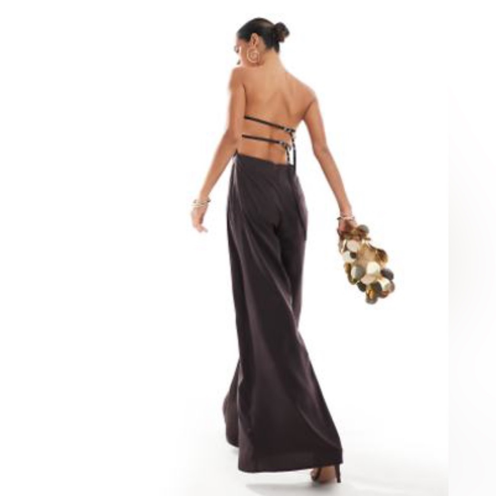 ASOS NWT Chocolate Brown Satin bandeau scarf detail jumpsuit Open Back